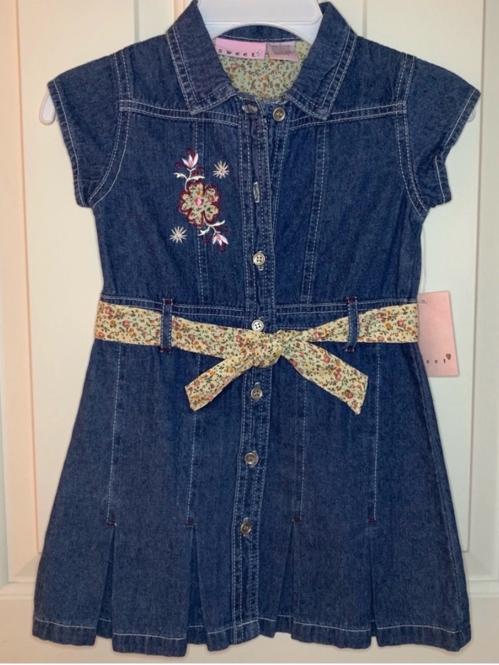 Sweet Heart Blue Denim Embroidered Floral Belted Jean Dress ~ Girl's 4